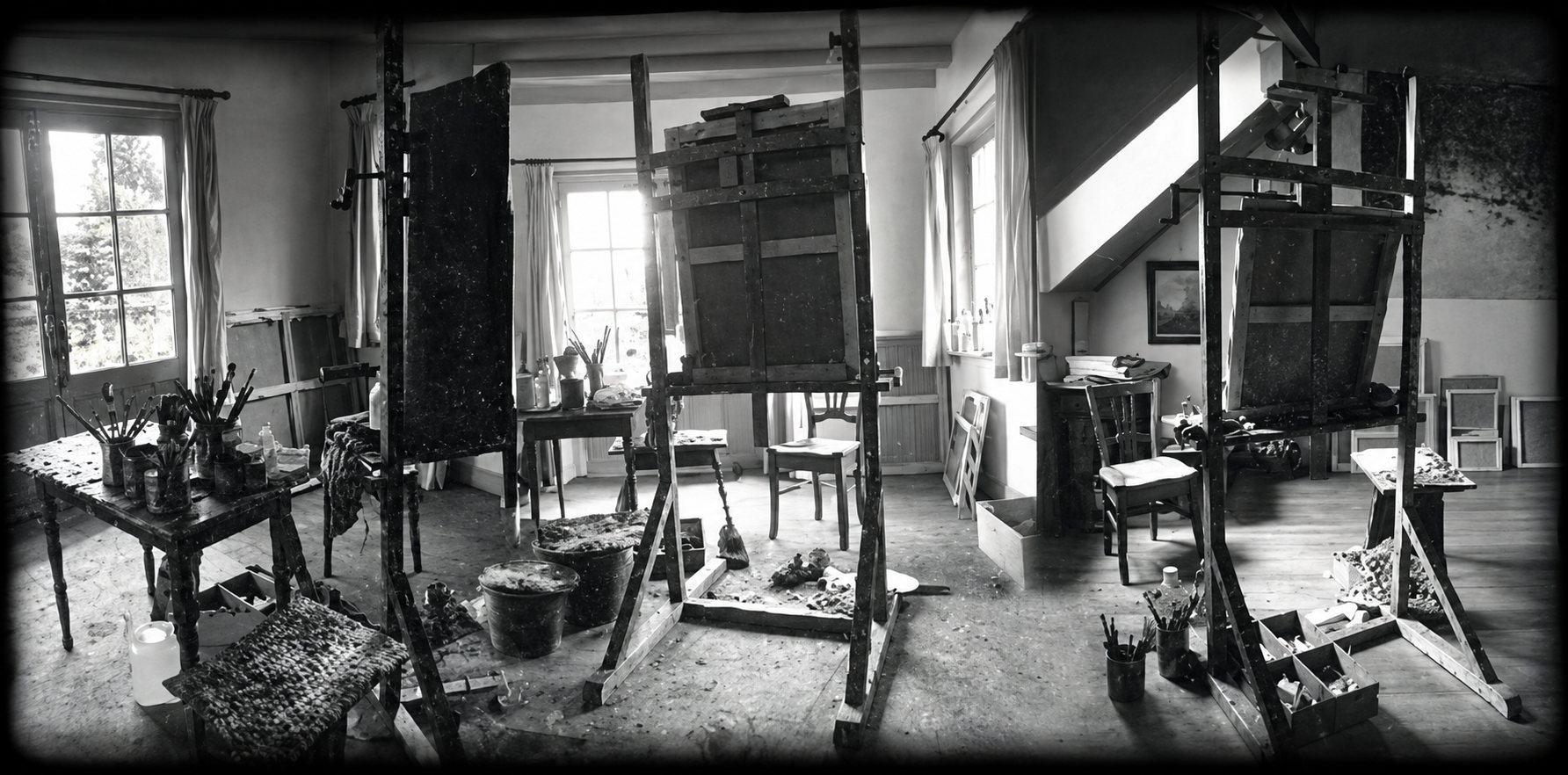 Photographie panoramique en noir et blanc d'un atelier d'artiste lumineux, avec plusieurs chevalets, des tables encombrées de pinceaux et de matériel, des chaises et de grandes fenêtres.