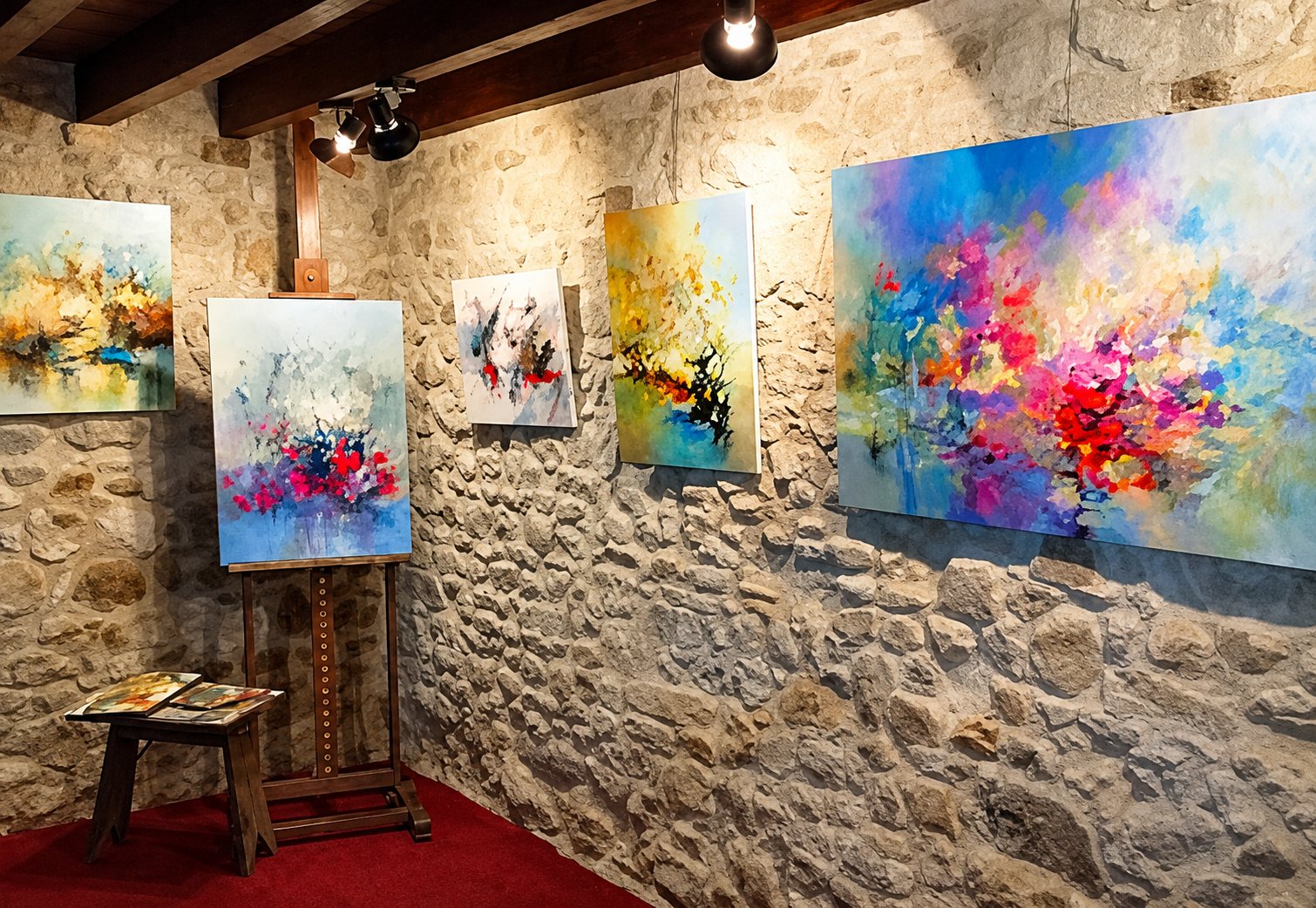 Intérieur d'une galerie aux murs de pierre apparente où sont accrochées plusieurs peintures abstraites colorées, avec un chevalet et une petite table.