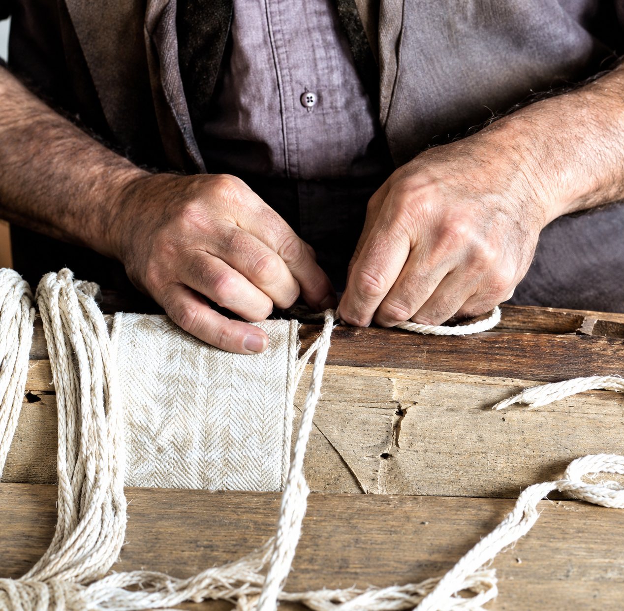 Gros plan sur les mains d'un artisan qui manipule des fils ou des cordes blanches sur un établi en bois.