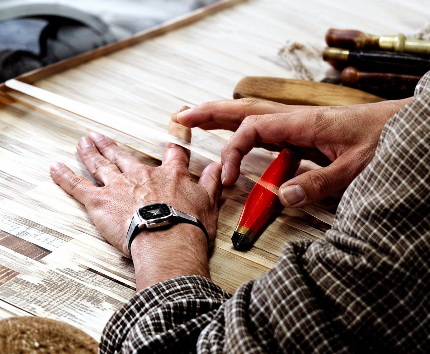 Gros plan sur les mains d'un artisan en chemise à carreaux qui manipule les fils d'un métier à tisser, un outil à manche orange à la main.