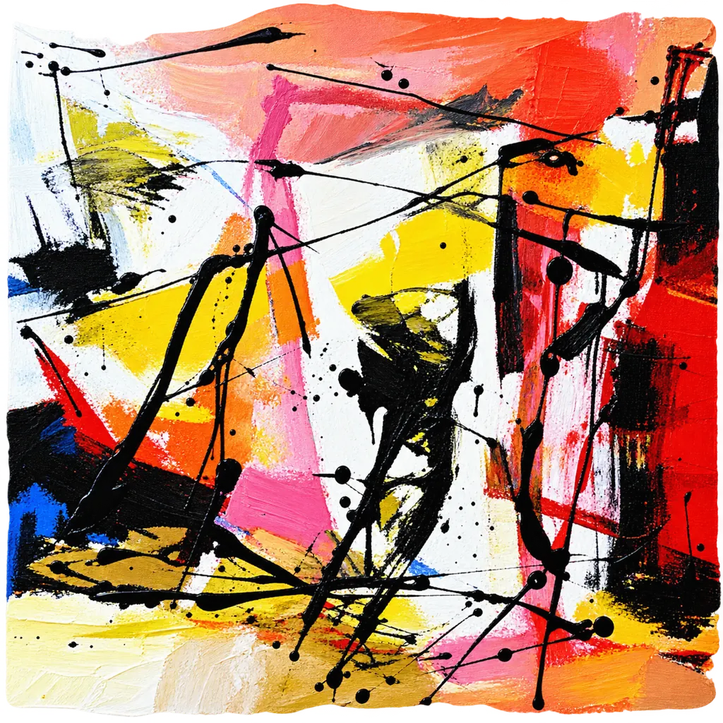 Peinture abstraite aux formes anguleuses mêlant rouge, jaune, noir et bleu sur un fond clair.