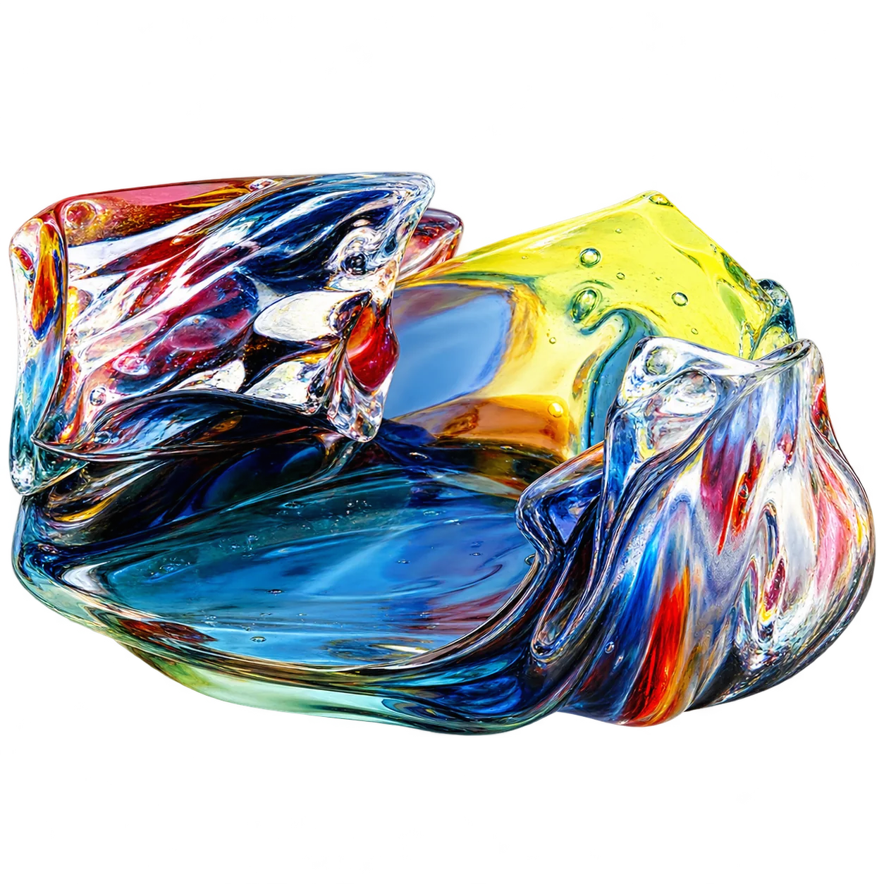 Une peinture abstraite aux touches de bleu, de jaune, de rose et de blanc, avec une forme sombre au centre.