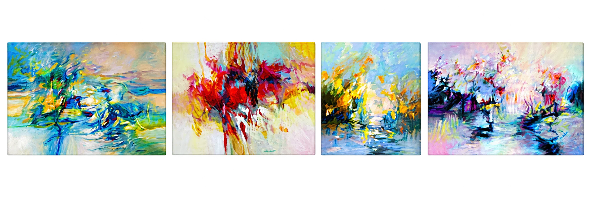 Quatre tableaux abstraits côte à côte, aux couleurs vives de bleu, rouge, jaune et rose sur fonds clairs.